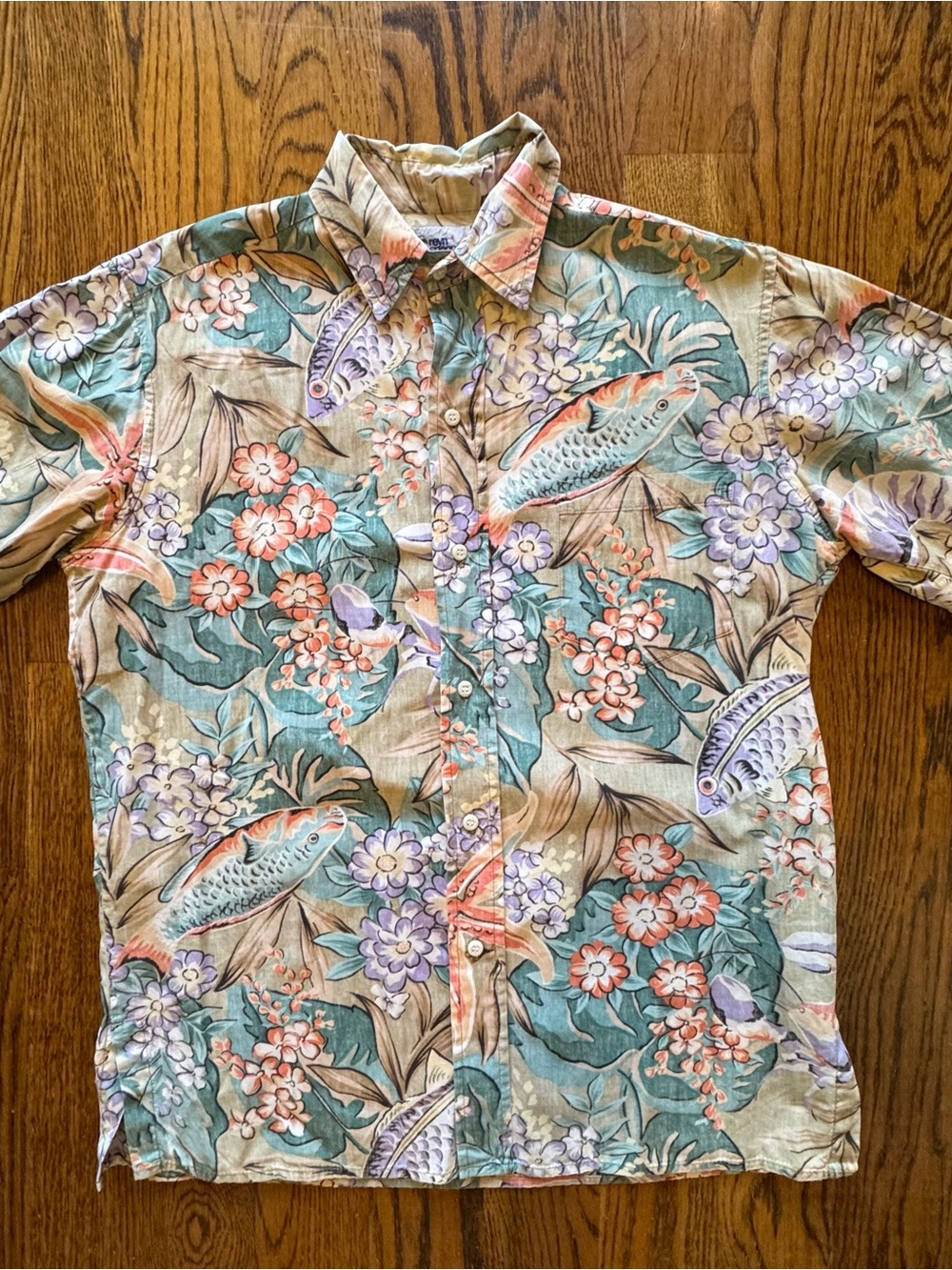 Vintage reyn spooner Coral, Teal & Lavender Floral Fish Button-Down Shirt